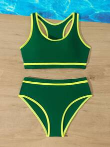 SHEIN Conjunto de bikini con ribete de contraste para adolescentes, ideal para vacaciones de verano en la playa - Verde - Ver 6