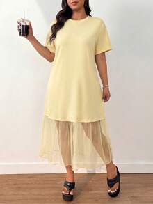 SHEIN EZwear 大码女式纯色圆领短袖宽松网纱连衣裙，春夏款 - 黃色 - 查看 4