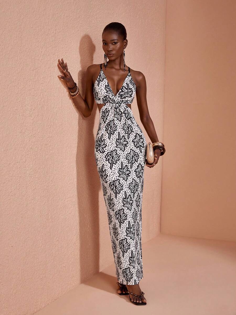 JIAN LASALA White Print Knit Deep V Sleeveless Bodycon Women Long Dress Adjustable Strap Cut Out Golf Sexy - Multicolor - View 1