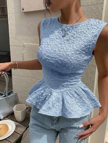 Serisse Women's Elegant Jacquard Sleeveless Shirt With Ruffle Hem, Suitable For Summer Vacation,Summer Top - Blue - View 6