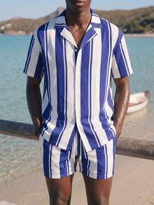 Palasendo Men's Striped Short Sleeve Single-Breasted Shirt & Shorts Casual Beach Outfit - Blue and White - View 1