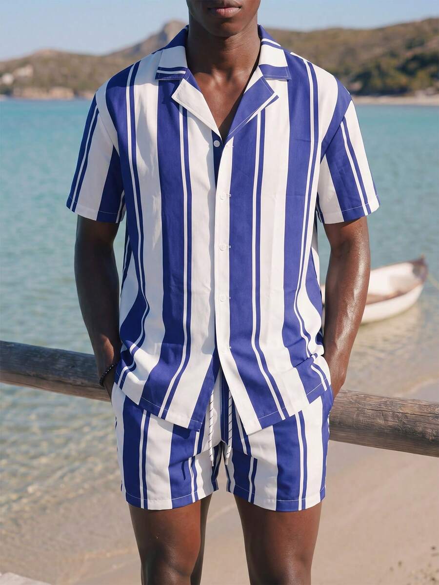 Palasendo Men's Striped Short Sleeve Single-Breasted Shirt & Shorts Casual Beach Outfit - Blue and White - View 1