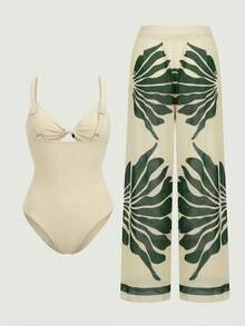 Swim Oasis 女士热带植物印花镂空连体泳衣，含罩衫和裤子，适合度假 - 綠色 - 查看 4
