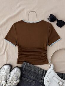 SHEIN Blusa corta de punto blanca con estampado de lunares y cintura fruncida, estilo minimalista casual para niña preadolescente, adecuada para primavera/verano, uso casual, estilo personalizado, uso diario - Multicolor - Ver 2