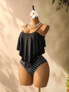 Swim Lushoire Women's Ruffled Hem Camisole And Random Print Triangle Bikini Swimwear Set - Black - View 7