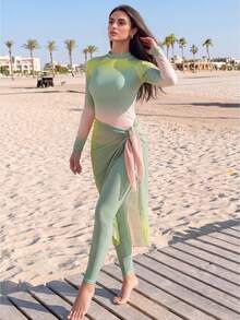 Veilorie 女士百年纪念彩色长袖连体裤配打结裙摆布基尼套装 - 彩色 - 查看 7