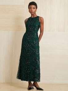 Aveloria Modichic 女款深綠色長洋裝 夏季優雅用餐禮服 祖母綠刺繡網紗薄紗 無袖圓領 珠飾亮片 奢華晚宴婚禮禮服 - 墨綠色 - 查看 7