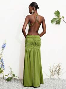 Aveloria Modichic Vestido largo con diseño de espalda descubierta, escote halter, fruncido y abertura, con cuentas, en estilo sexy europeo y americano para mujeres - Verde - Ver 3