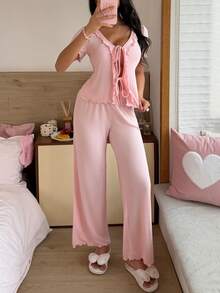 SweetSlumber 甜美V领女士针织提花睡衣套装 - 淺粉色 - 查看 3