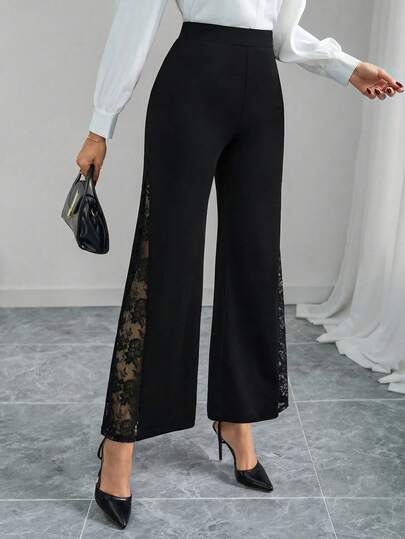 SHEIN Tall CURVE Quần ống loe ren thanh lịch cỡ lớn, phù hợp mặc hàng ngày, thời trang giúp thon gọn, duyên dáng, trang phục mùa hè dành cho nữ.