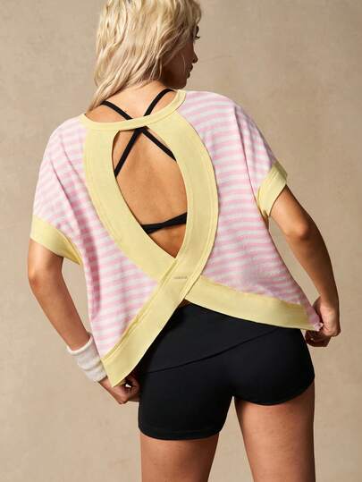 VARSIVA Summer Top, Women's Pink Striped Backless Short Sleeve Sports Casual T-Shirt Pilates Sommer