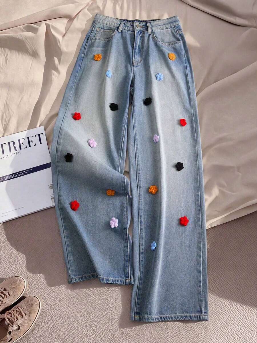 GlowEve Women's Casual Everyday Denim Jeans With Pockets And 3D Floral Decor - Blue - View 1