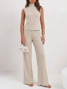 EURMUSE White Ribbed Knit Sleeveless Top & Wide Leg Pants Two Pieces Set - White - View 3
