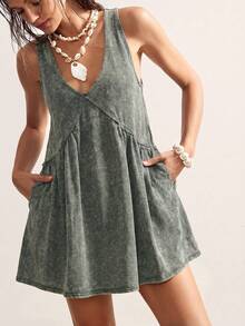 Vestido Corto Casual de Punto Holgado con Cuello en V de Color Sólido  para Mujer, Vestido de Vacaciones - Gris Oscuro - Ver 4