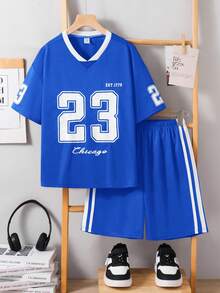 SHEIN Little Byeori 男童宽松运动短袖短裤套装 - 寶藍色 - 查看 6