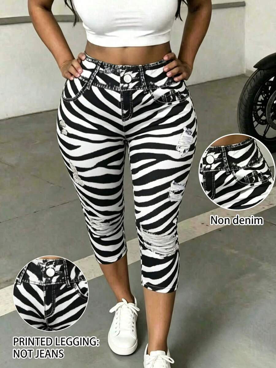 INAWLY Quần legging ôm sát họa tiết da báo cỡ lớn - màu đen - Xem 1