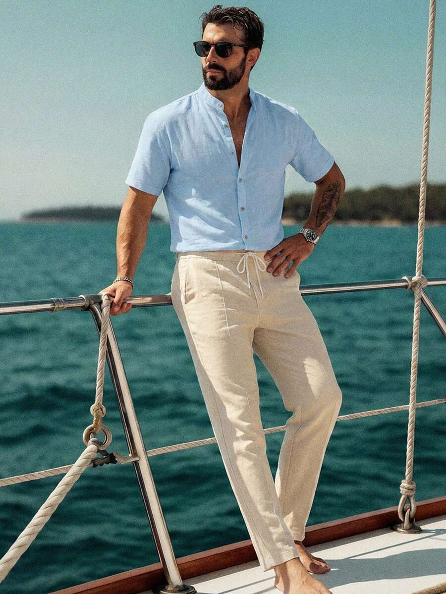 HIMLAND 2pcs/Set Men's Woven Slim Fit V-Neck Short Sleeve Casual Shirt Set - Blue - View 1