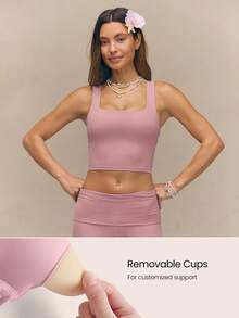 GLOWMODE FeatherFit™ Active Ambition butterweiche Crop Top mit quadratischem Ausschnitt, verdrehtem offenem Rücken, abnehmbaren Cups, für aktives Yoga, Pilates, Alltagstragen mit geringer Belastung - Rostige Rose - Übersicht 4