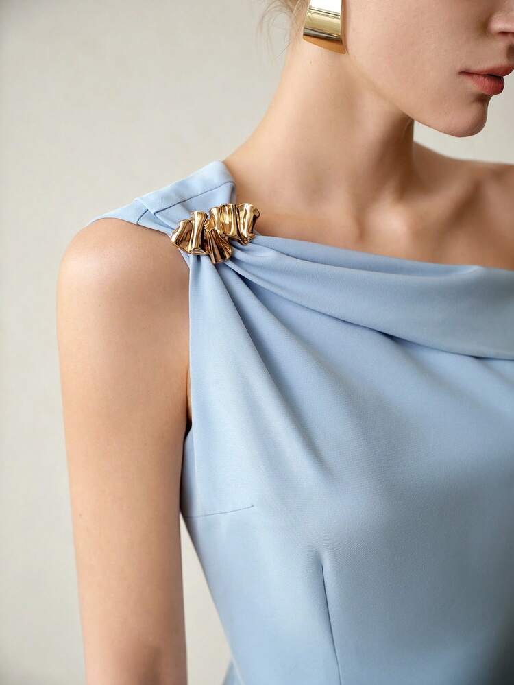 ELEGANT ASYMMETRICAL SHOULDER DRESS, SUMMER GRACEFUL LADY WAIST CINCHED LACE PATCHWORK BODYCON MIDI DRESS, LIGHT BLUE
