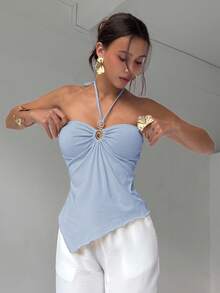 Aloruh 女士纯色金属装饰休闲百搭日常上衣 - 淺藍色 - 查看 4