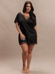 SHEIN BAE 加大对比色多臂提花网眼蝙蝠袖睡裙 - 黑色 - 查看 5