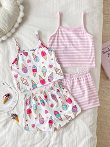 SHEIN 4pcs/Set Summer Girls Toddler Camisole Pajama Set, Cute Sweet Ice Cream & Heart Striped Print, Soft Comfortable Camisole Top And Shorts 4-Piece Loungewear - Pink - View 2