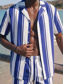 Palasendo Men's Striped Short Sleeve Single-Breasted Shirt & Shorts Casual Beach Outfit - Blue and White - View 6
