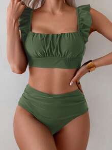 Swim Basics 两件套女士夏季沙滩优雅度假纯色荷叶边吊带褶皱前片上衣和高腰褶皱三角裤套装 - 橄欖綠 - 查看 5