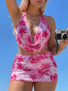 SHEIN Swim Mod Bộ bikini 3 món cỡ lớn dành cho nữ, in họa tiết ngẫu nhiên, gồm áo tam giác, váy và áo tắm thường ngày, thích hợp cho bãi biển và hồ bơi. - Hồng - Xem 5
