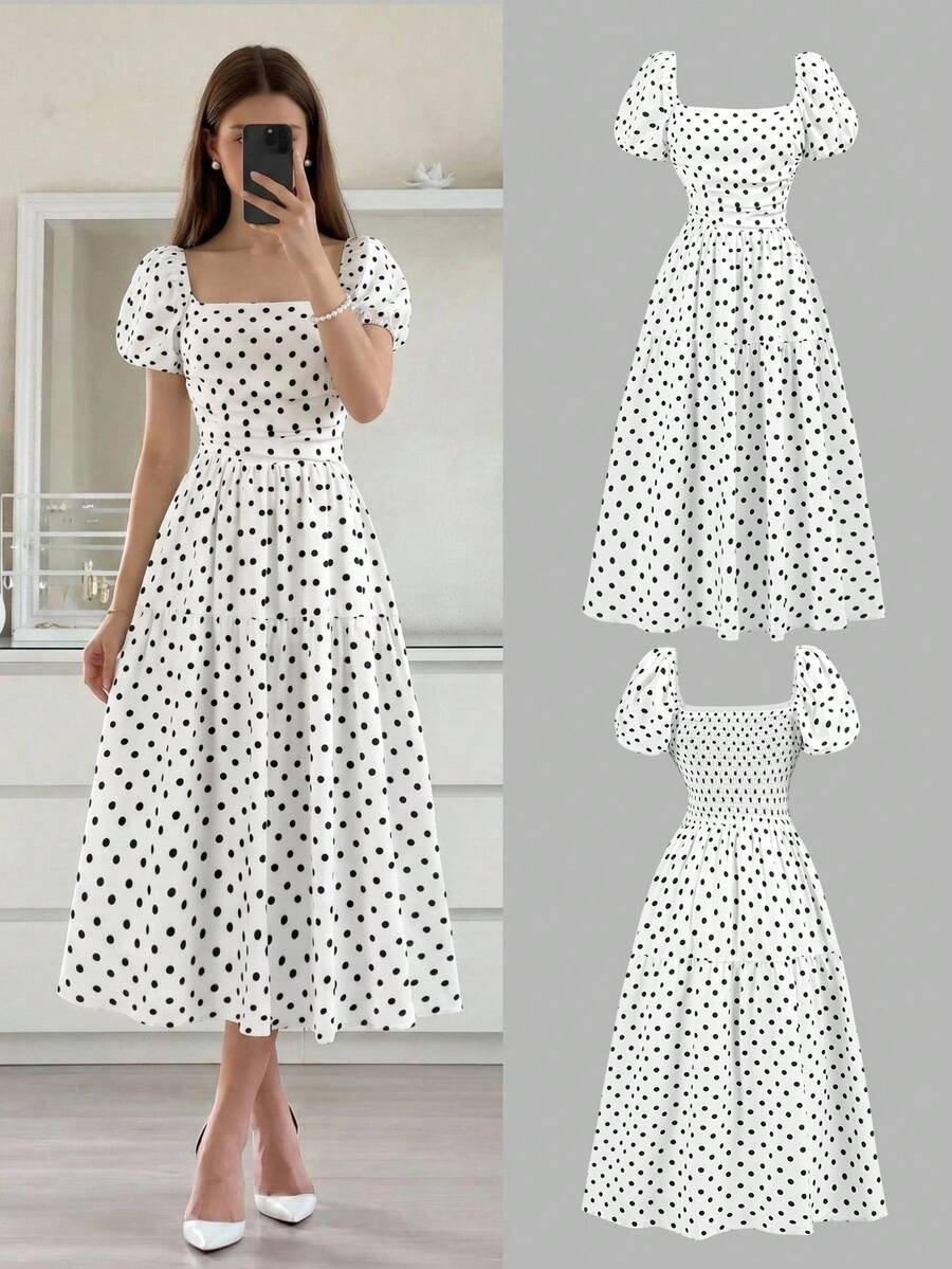 SHEIN Girlism 少女派对礼服，黑白波点印花花瓣袖A字中长连衣裙，不对称腰部镂空设计，优雅正式，适合派对、婚礼、庆典等场合。 - 黑與白 - 查看 1