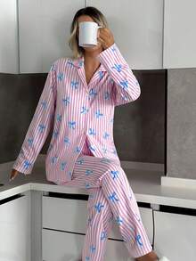 EURMUSE Conjunto de pijama para mujer de 2 piezas con botones delanteros y estampado de rayas y patrón en la Bottom - Multicolor - Ver 4