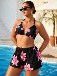Swim Vcay Plus Size Floral Print Halter Backless Bikini Set Set - Multicolor - View 3