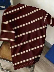 Manfinity Joysei Men's Letter & Stripe Print Round Neck Short Sleeve Casual T-Shirt - Brown - View 2
