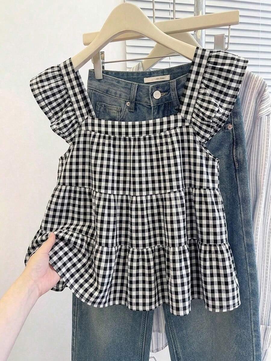 SHEIN Frenchy 女士休闲格子多层荷叶边衬衫，夏季女装 - 彩色 - 查看 1