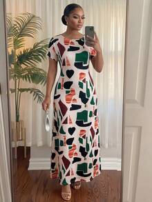 SHEIN Lady CURVE 大码夏季休闲印花圆领收腰短袖连衣裙 - 彩色 - 查看 5