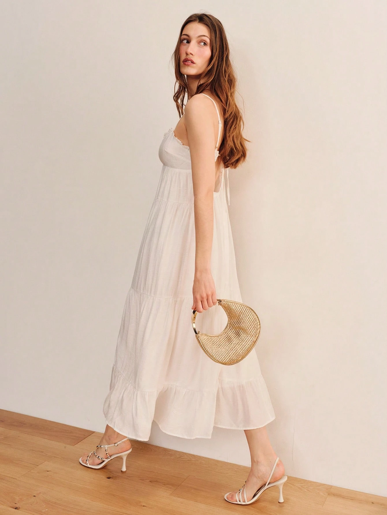 Romantic White Midi Backless Dress With Thin Tie-Back Straps And Tiered Ruffle Panels Summer Holiday Dress Casual Dress Vacation Dress White Dress Boho