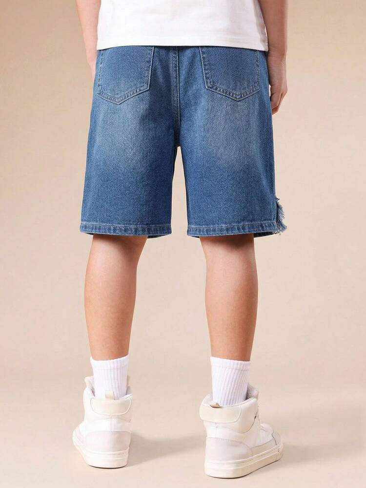 Tween Boys Casual Denim Shorts With Split Hem Detail And Drawstring Waist For Spring Summer Everyday Wear