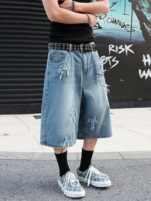 Manfinity EMRG Shorts vaqueros con bordado de estrella y dobladillo deshilachado, estilo streetwear estadounidense - Azul - Ver 7