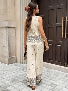 Women's Summer Vacation Floral Embroidery Button Front Tank Top And Pants 2 Pieces Set - Apricot - View 2