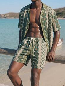 Palasendo Men's Summer Vacation Floral & Geometric Print Short Sleeve Shirt And Drawstring Waist Shorts Beach Outfit - Multicolor - View 3