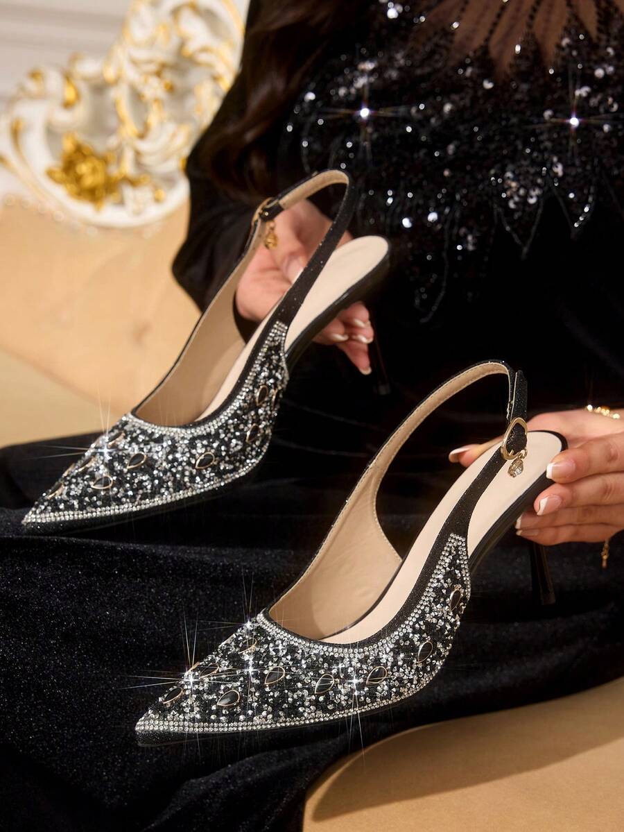 CUCCOO TILAWA Women's Rhinestone Pointed Toe High Heel Shoes, Fashionable Ankle Strap Dress Shoes Suitable For Parties And Banquets - Black - View 1