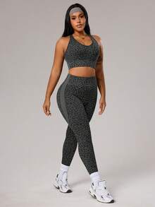 SHEIN Sports 大码女式豹纹吊带背心和紧身裤运动套装 - 灰色 - 查看 7