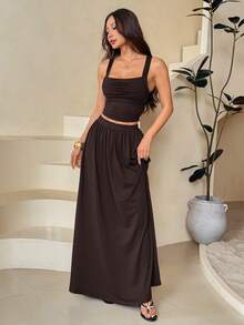 SHEIN PETITE Women's Summer Solid Color Pleated Square Neck Camisole And Mini Skirt 2 Pieces Set ,Petite Women - Brown - View 6