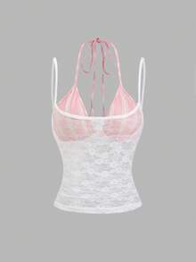 Sweetra Áo camisole không tay dáng ôm, thiết kế mới, kẻ sọc cổ điển, kiểu dáng bất đối xứng, 2 trong 1 dành cho nữ, thích hợp cho mùa xuân/hè. - trắng - Xem 3