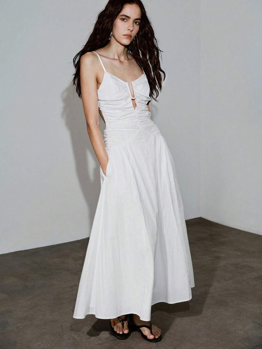 PREMIUM Đầm hai dây hở lưng 100% cotton, thích hợp cho hẹn hò, phong cách thành thị và kỳ nghỉ, mùa xuân/hè. - trắng - Xem 1