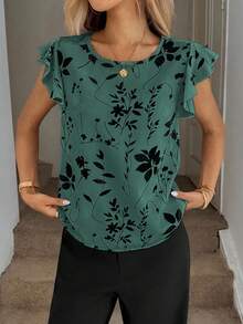 Easowa Spring Silhouette Flower Print Ruffle Hem Round Neck Women Blouse Cap Sleeve Tops For Summer Casual Top Floral - Mint Blue - View 4