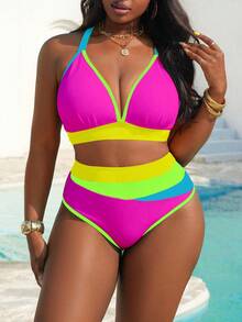 Slaydiva Plus Size Women's Four-Color Contrast Ribbed Fabric Bikini Set - Hot Pink - View 4