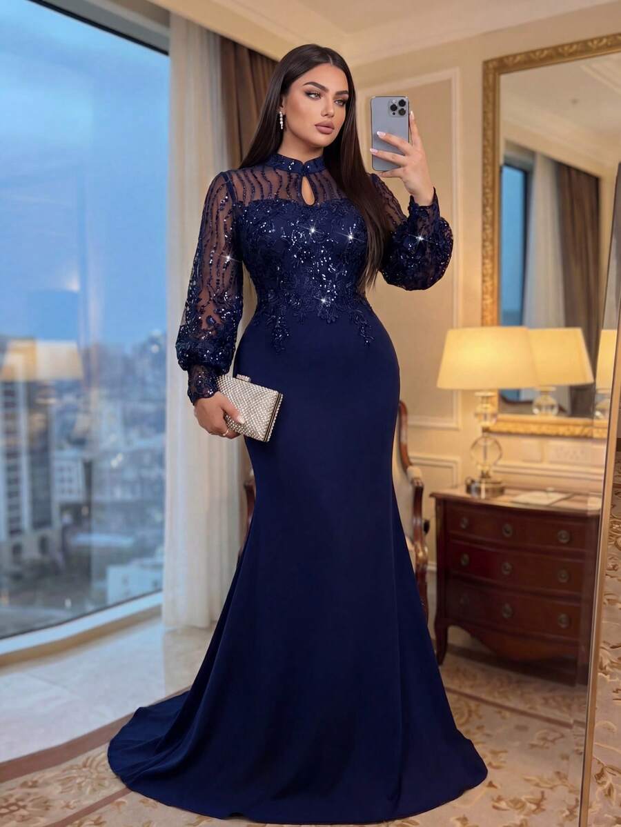 SHEIN Lady CURVE Đầm dạ hội cỡ lớn thanh lịch, lãng mạn màu xanh dương, cổ giọt nước, tay phồng, chất liệu vải dệt kim đính sequin sang trọng, eo thêu họa tiết, dáng đuôi cá, thích hợp cho đám cưới, tiệc tùng, lễ kỷ niệm, váy mẹ cô dâu, ngày Valentine.