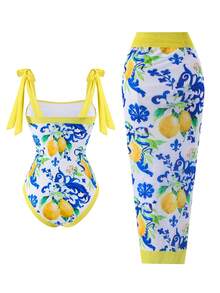 Swim Oasis Bộ áo tắm liền thân và chân váy cỡ lớn, mẫu mới Xuân/Hè 2026, họa tiết chanh. - Nhiều màu - Xem 2