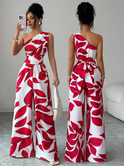 Elenzga Damen romantischer Urlaubs-Jumpsuit mit asymmetrischer Schulter, ärmelloser Passform, Taillengürtel, Kreuz-Schleife und Tasche, Sommer Neuer Lässig Resort Minimalistischer Strandanzug, Eleganter Strandoutfit, Luxuriöser Sommer-Urlaubs-Jumpsuit mit Blume Muster